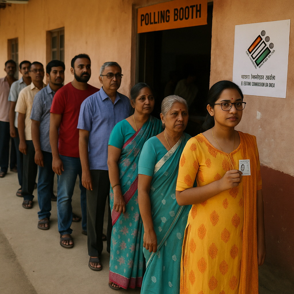 Voters standing in queue at a polling booth during 2025 state-level bypolls in Bengal, Kerala, Punjab, and Gujarat